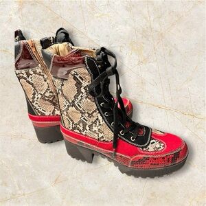Rouge Helium Red and Black Lace Up Snake Print Boots Size 10
